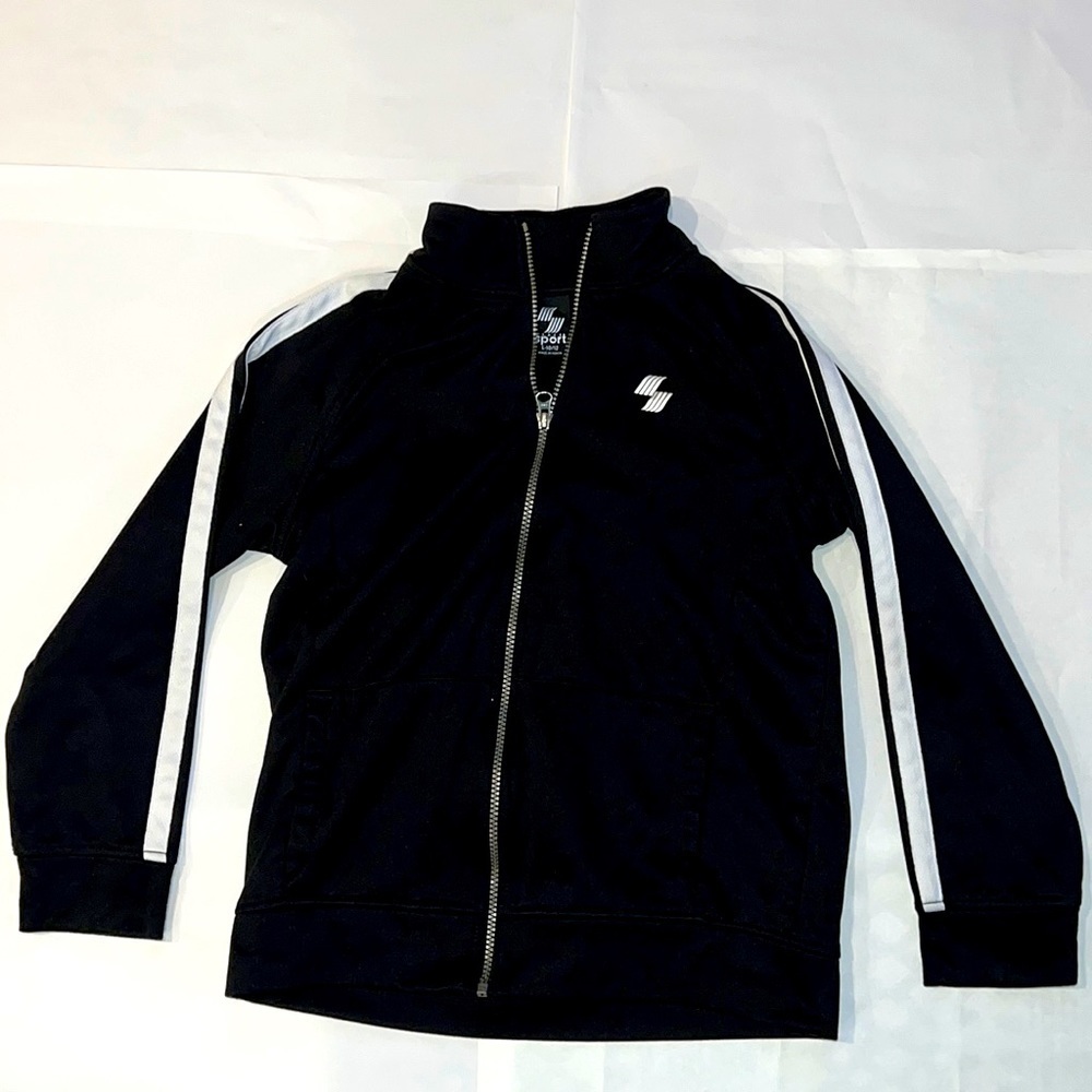 Place Sport Size L 10/12 Kids Athletic Black with White Stripes Zipper Jacket